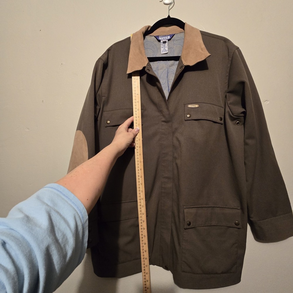 Austin Reed Field Jacket XL‎ Chore Barn Coat Olive Leather Collar Elbow Gorpcore - Picture 11 of 16